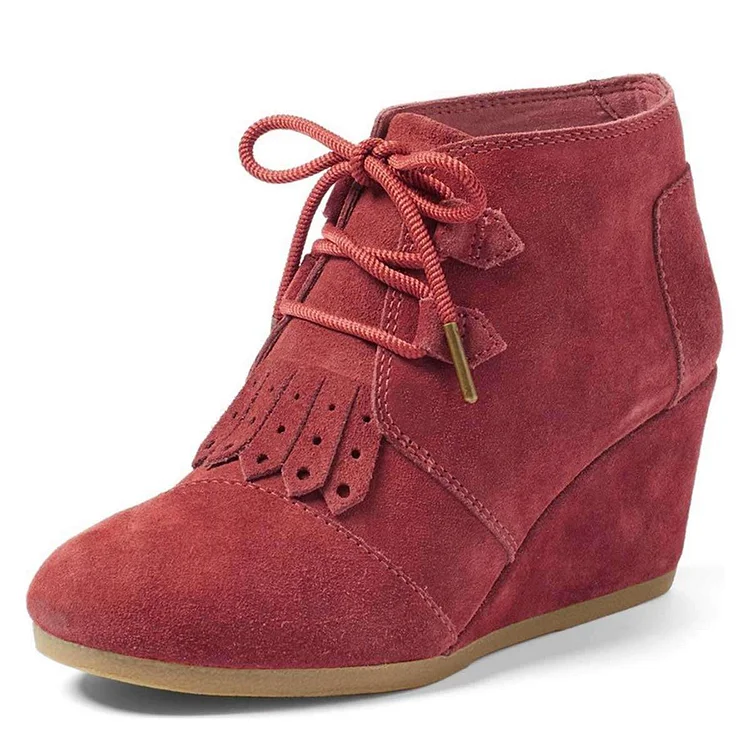 Russet-red Vegan Suede Lace Up Wedge Booties |FSJ Shoes