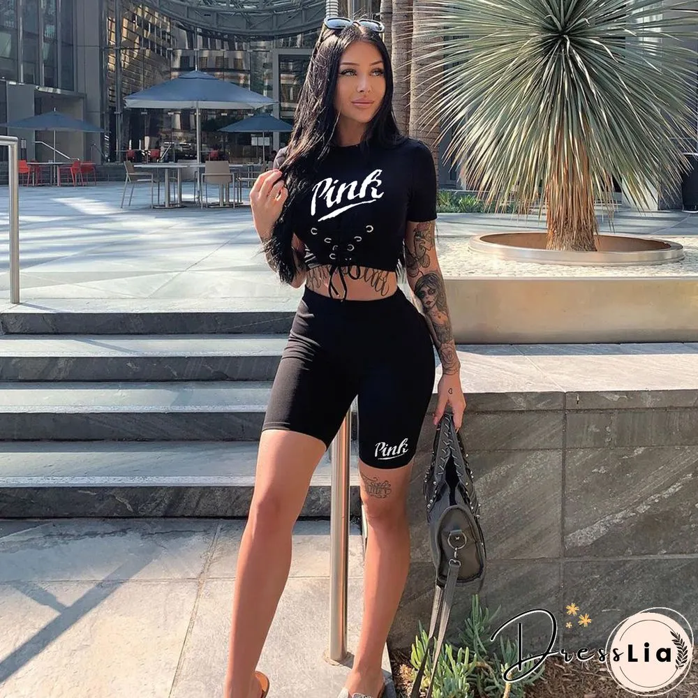 Sportswear Short Sleeve Crop Tops Biker Shorts Set