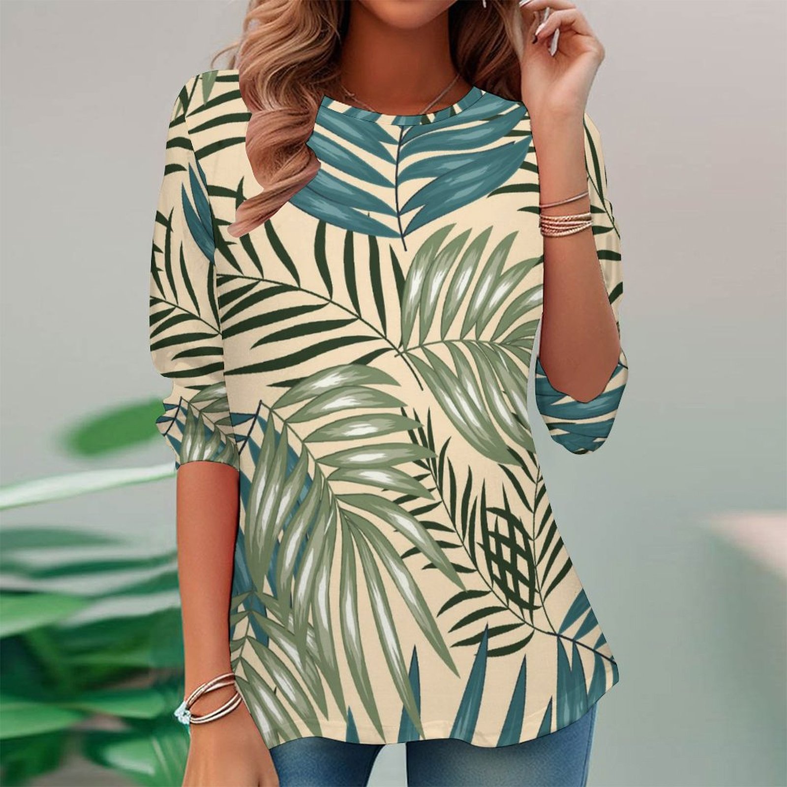 Women Long Sleeve V-neck Graphic Floral Printed Top