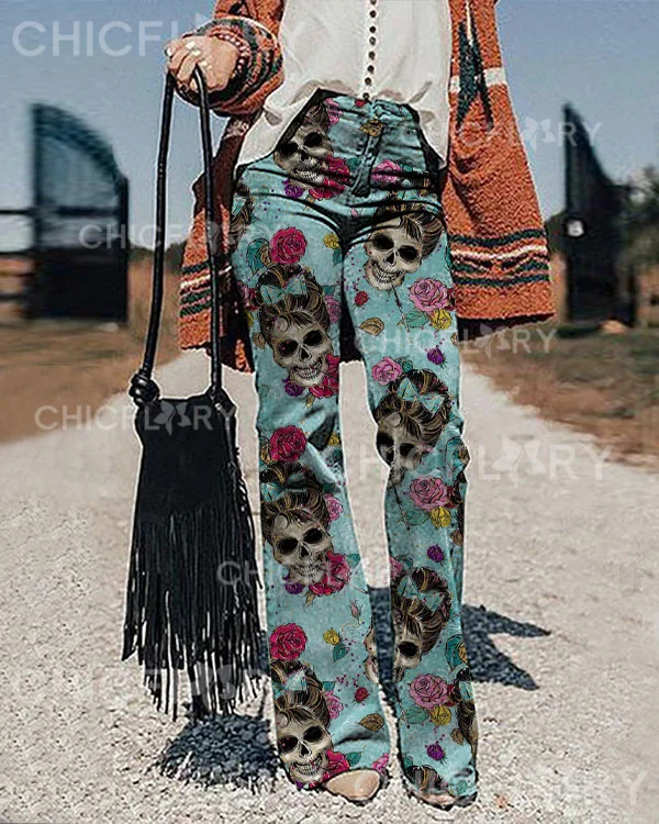Women's Skull Floral Print Pants