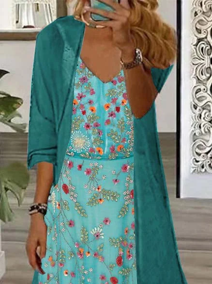 Women Half Sleeve V-neck Solid Color Dress