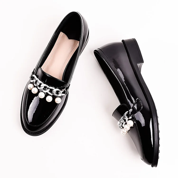 Black Patent Leather Pearl Loafers Vintage Shoes Vdcoo