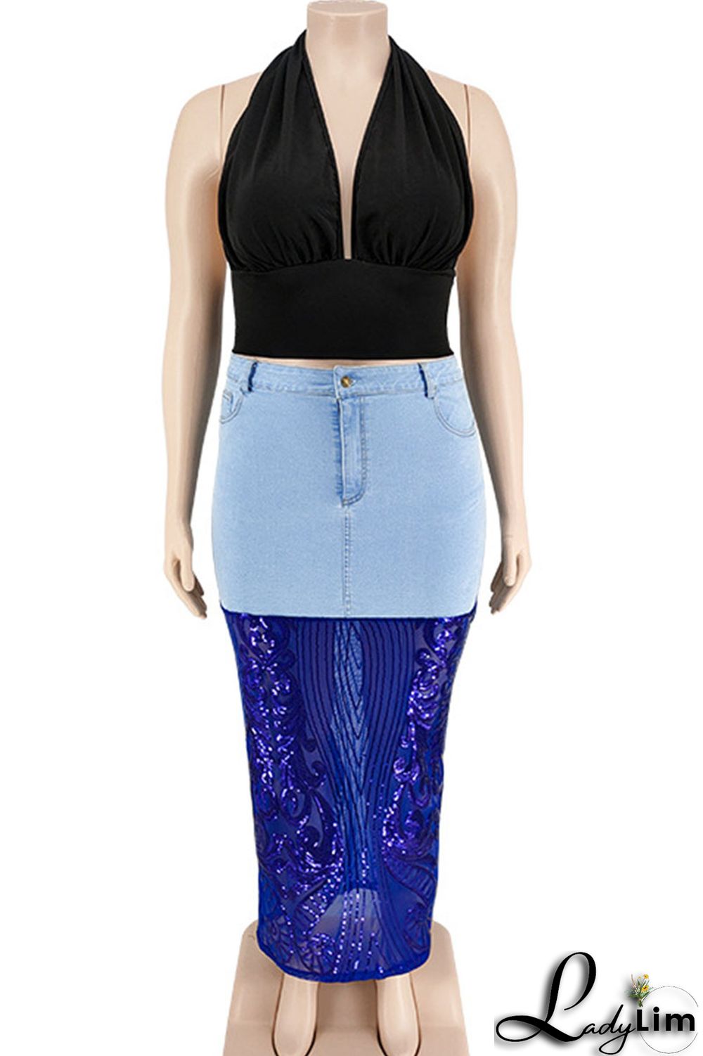 Deep Blue Sexy Solid Embroidered Sequins Patchwork High Waist Denim Skirts