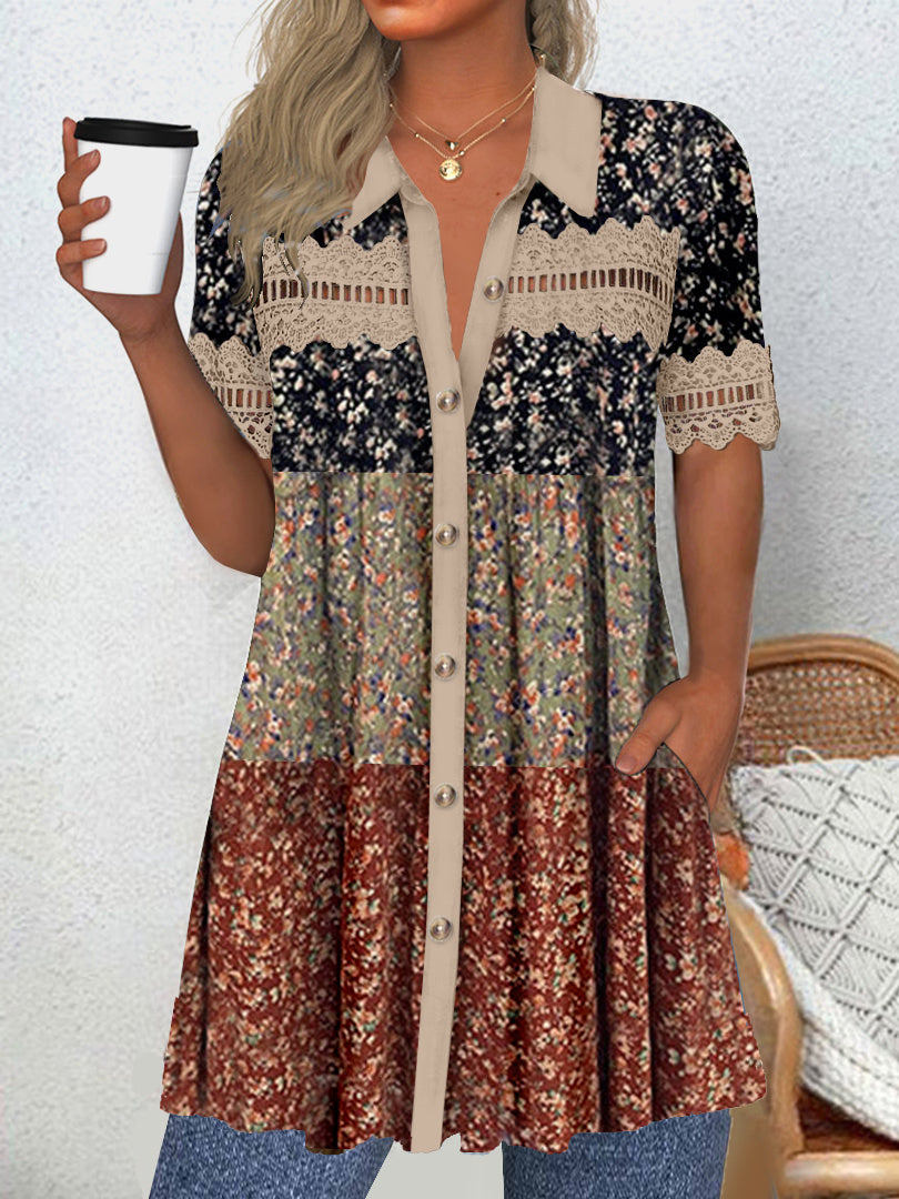 Women's Short Sleeve V-neck Graphic Lace Buttons Tops