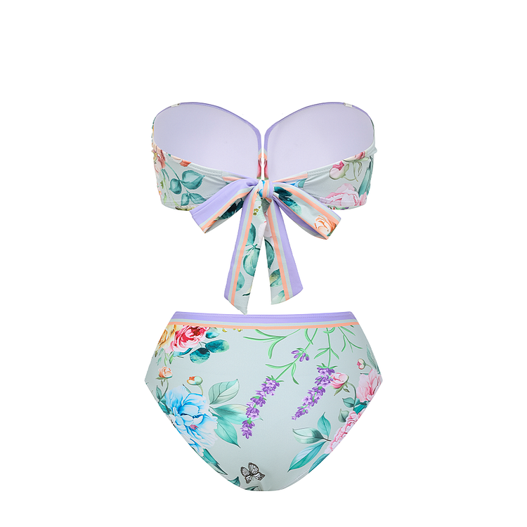 Removable Shoulder Strap Peony Printed Bikini Swimsuit and Skirt