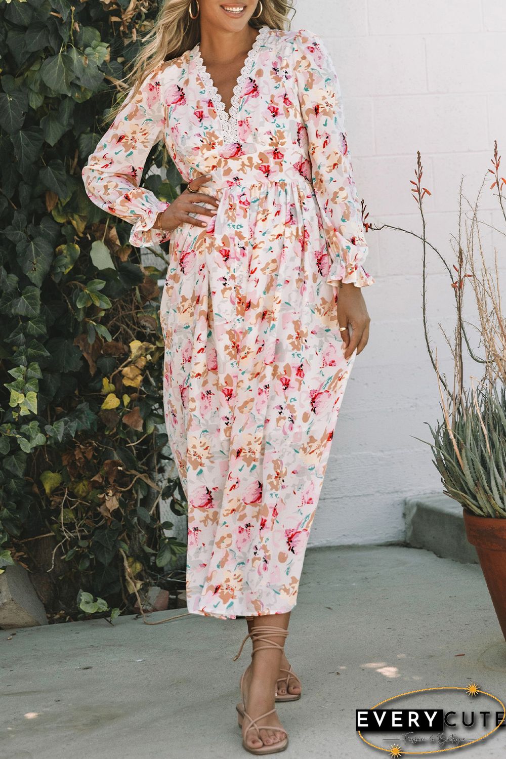 Pink Lace Patchwork Cut Out Back Floral Maxi Dress