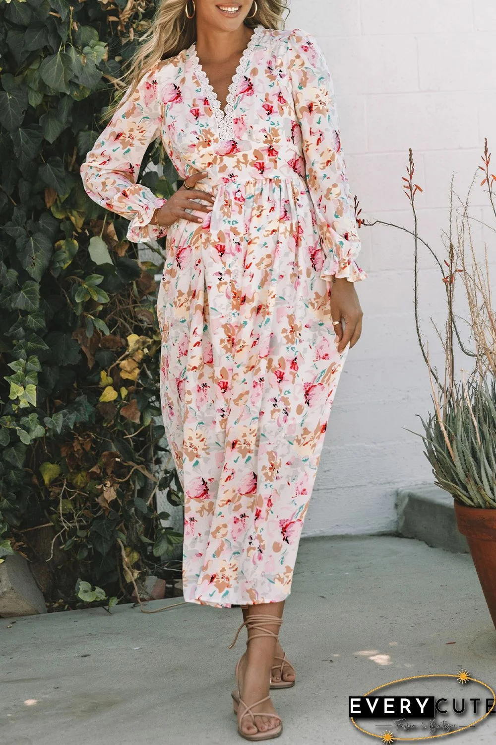 Pink Lace Patchwork Cut Out Back Floral Maxi Dress