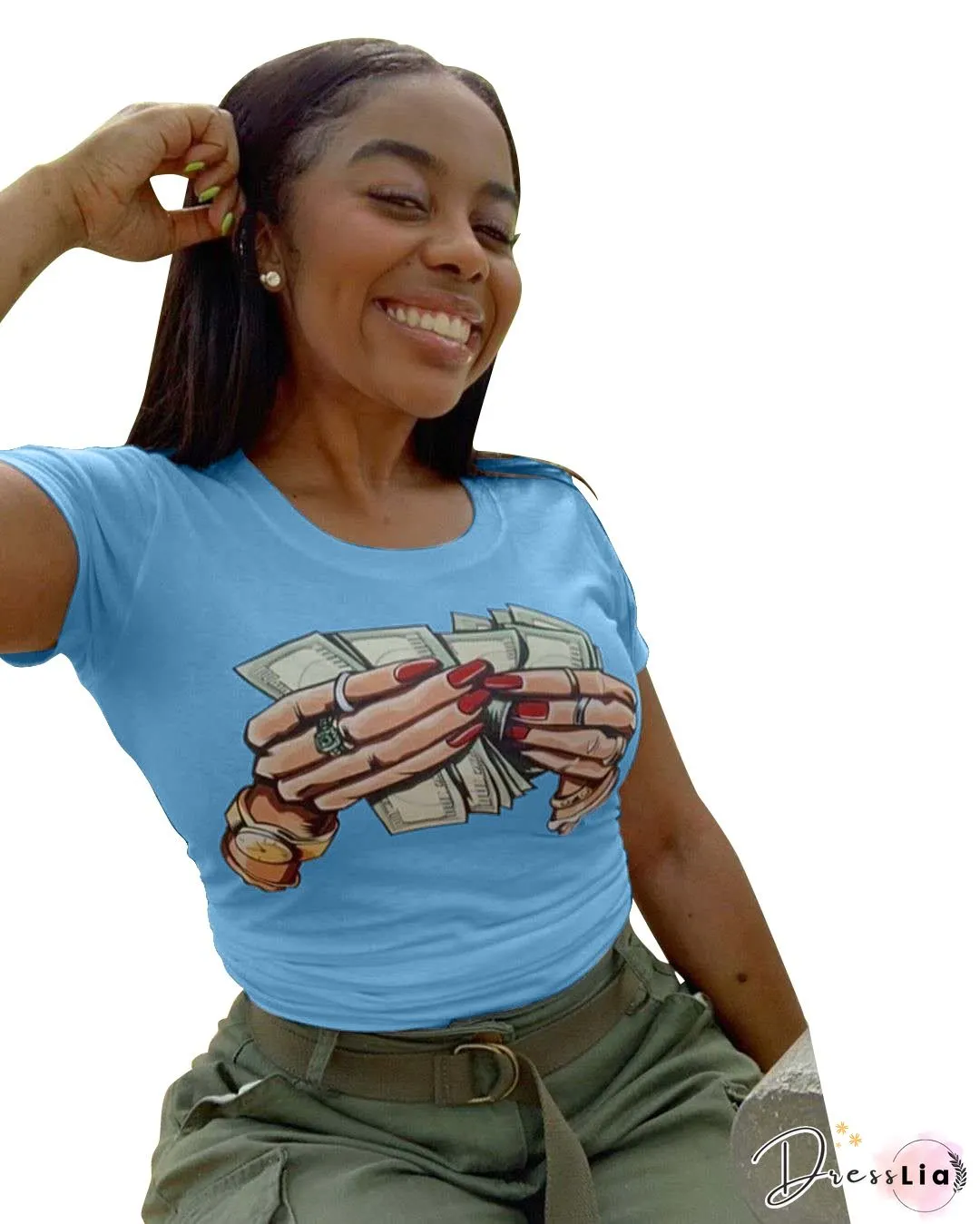 Round-neck Short Sleeve Plus Size Women T-Shirt-Fashion Lounge Wear Trend Dollar Print