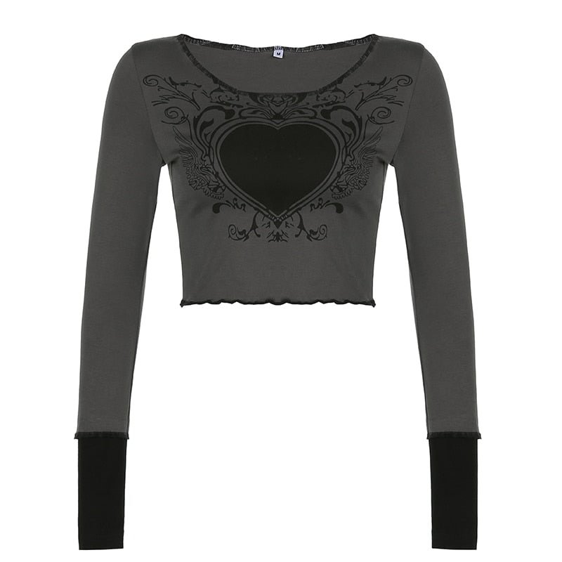 Darlingaga Grunge Retro Fashion Heart Printed Autumn T-shirts for Women Crop Top Dark Academia Gothic Clothes Aesthetic T shirt