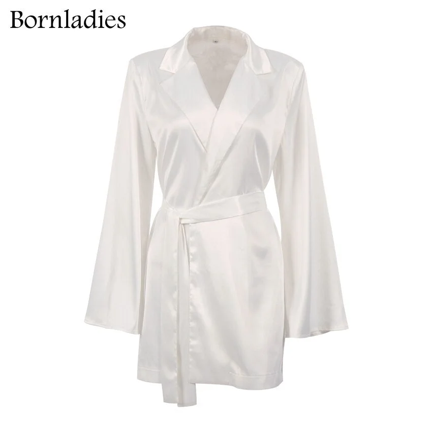 Bornladies Women 3 Pieces Sets Long Sleeve Loose Belt Satin Blazer Coat High Waist Pants Legs Adjustable Pants Female Sexy Set