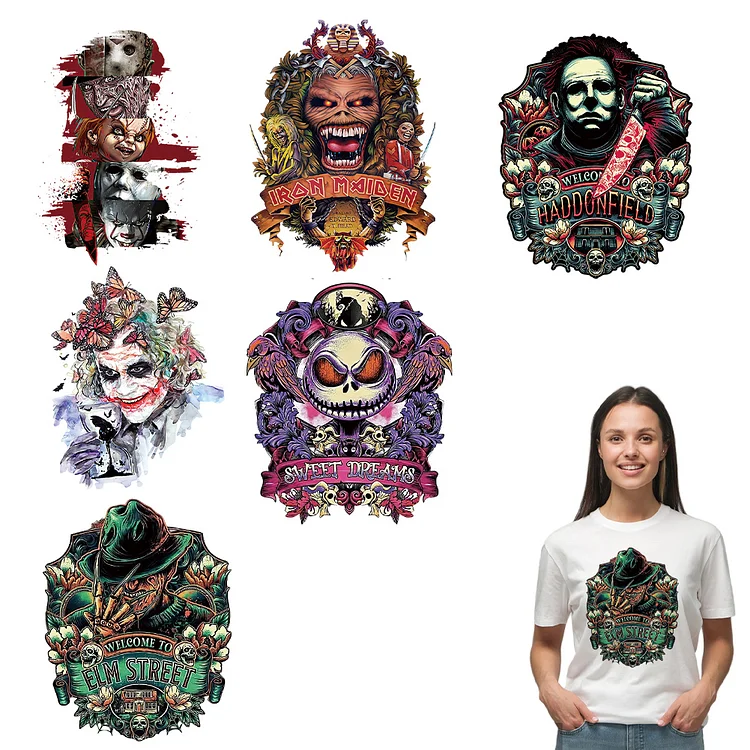 6 Sheet Heat Transfer Vinyl Patch Stickers for T-Shirt Backpacks(H Horror Skull)