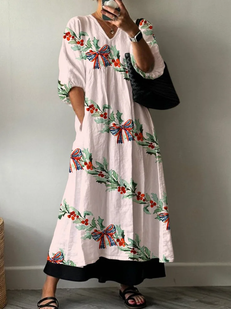 Women's Christmas Bow Pink Print Pocket V-neck Cotton Dress