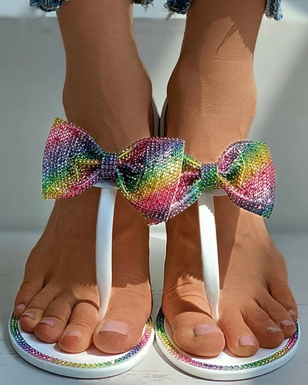 Bowknot Colorblock Studded Flat Sandals