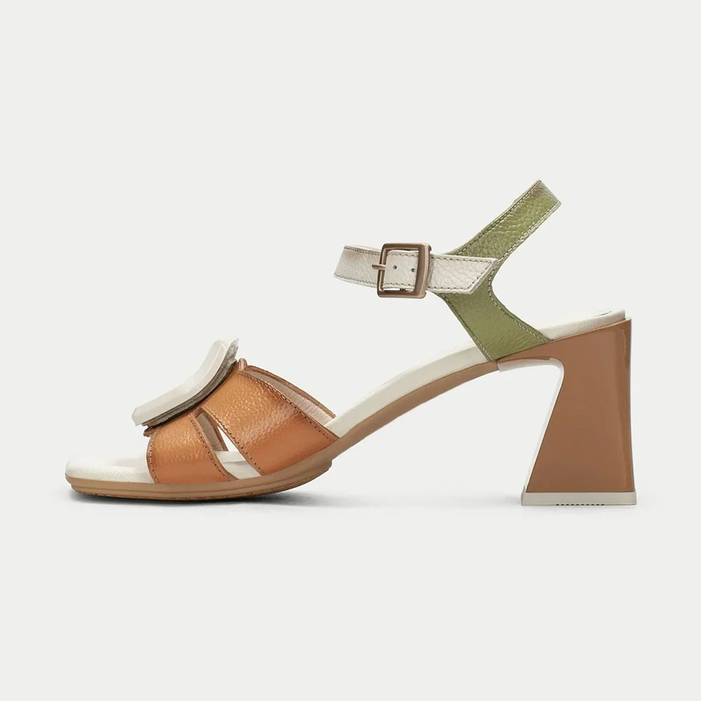Multicolor Square Toe Geometric Buckle Ankle Strap Women's Sandals