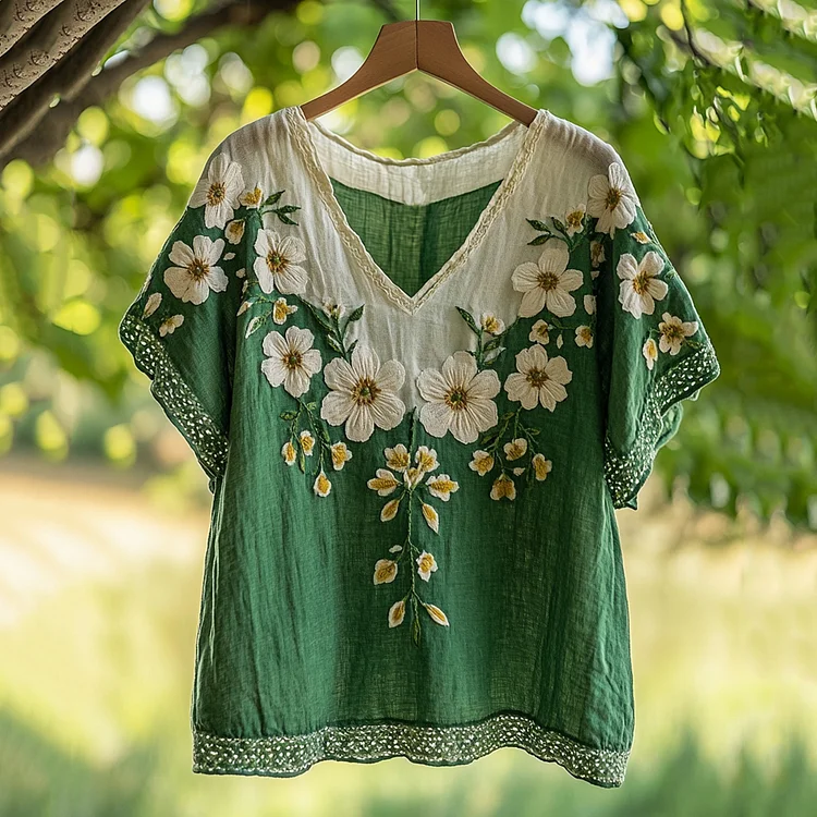 Floral Embroidered V Neck Linen Blend T-shirt