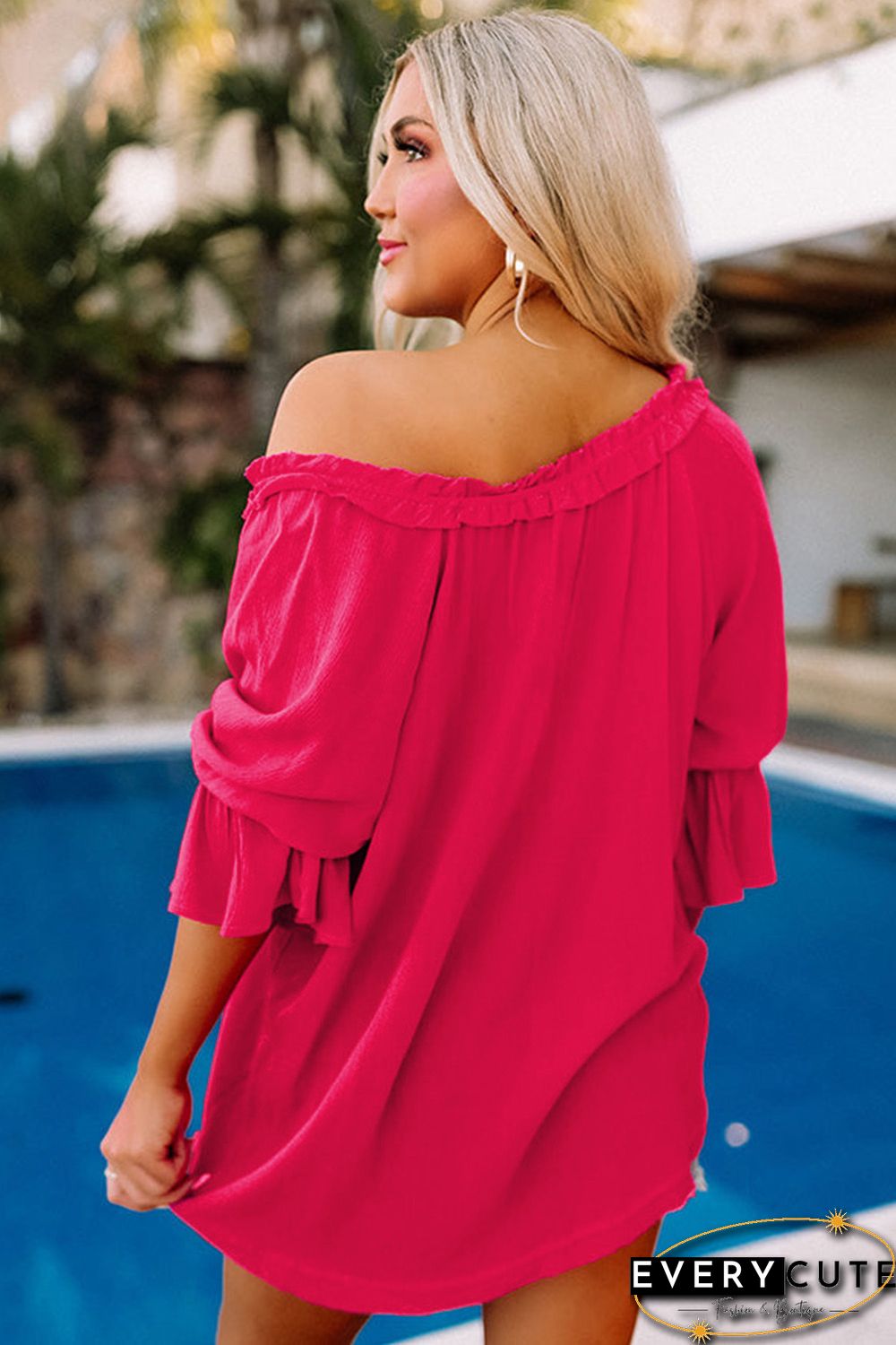 Rose Frilled Split V Neck Ruffled Sleeve Shift Top