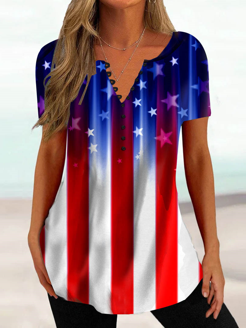 Women Short Sleeve V-neck Striped Printed Colorblock Button Tops