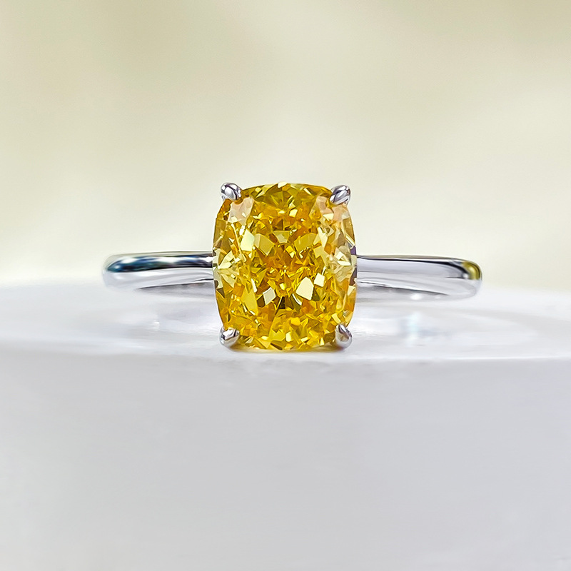 MIKAMU Jewelry S925 Sterling Silver 1.25 Carat Cushion-Cut Yellow Diamond Ring - Elegant Square Engagement Ring for Women