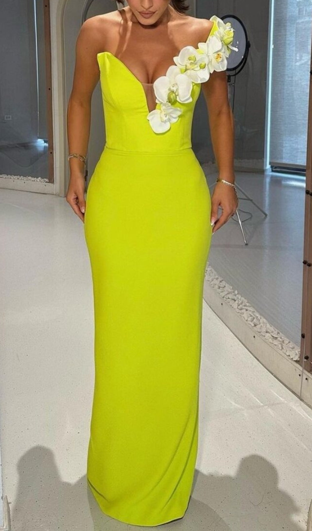 Baba Lime Flower One Shoulder Maxi Bandage Dress Flowering Girl