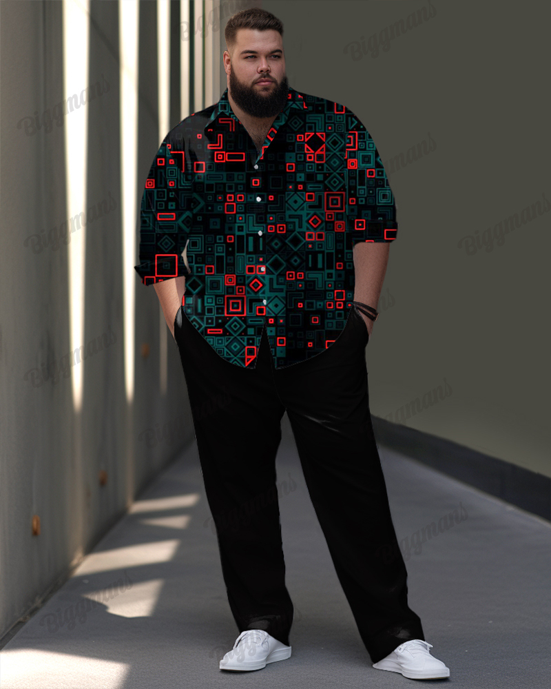 Vintage Geometric Jacquard Contrast Long Sleeve Lel Shirt 2 Piece Set Men's Plus Size
