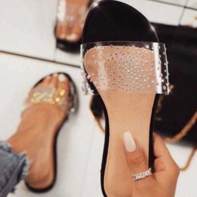 Qengg Transparent Women Slippers New Rhinestone Shiny Comfort Ladies Holiday Vocation Slides Solid Black Female Summer Shoes