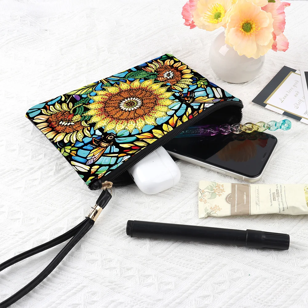 DIY Sunflower PU Partial Special Shaped Diamond Painting Wallet Makeup Bag