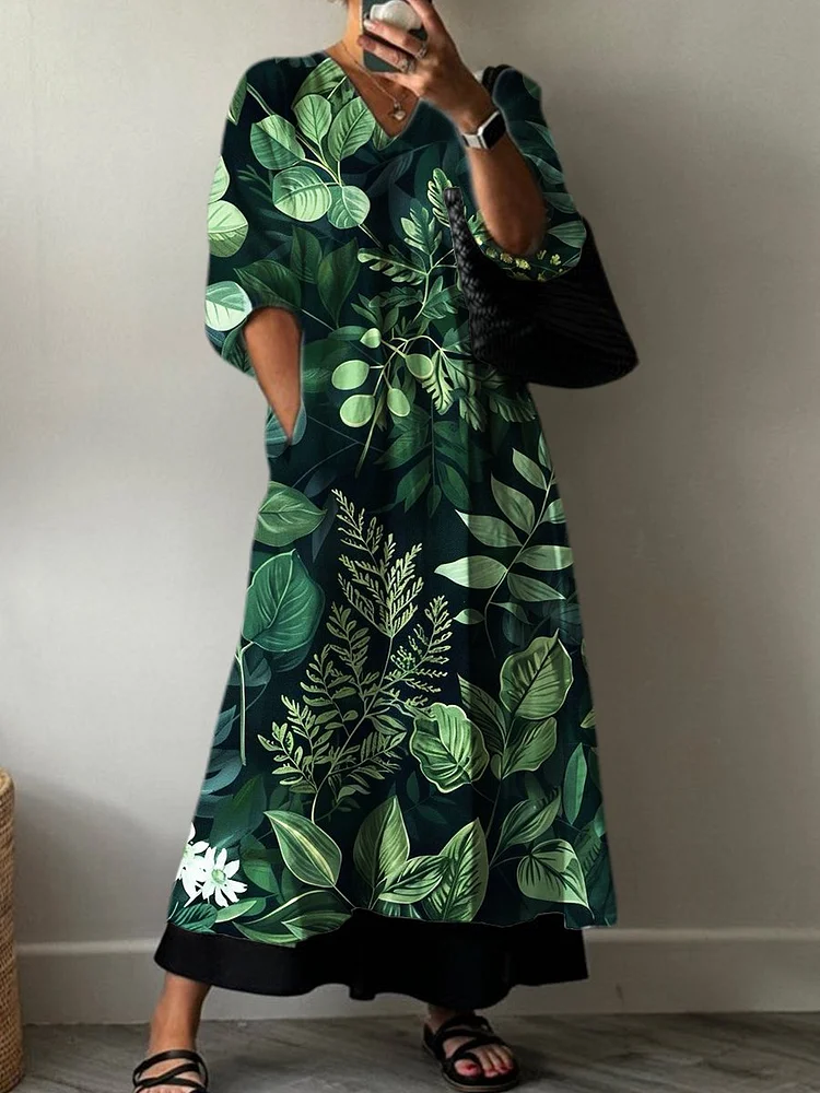 Retro Print Pocket V-neck Cotton Dress