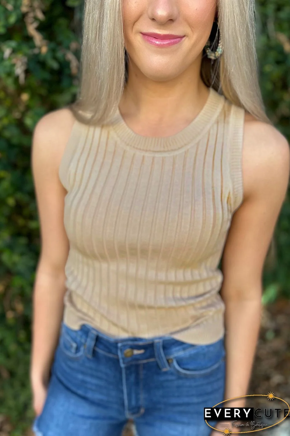 Apricot Ribbed Knit Crew Neck Tank Top