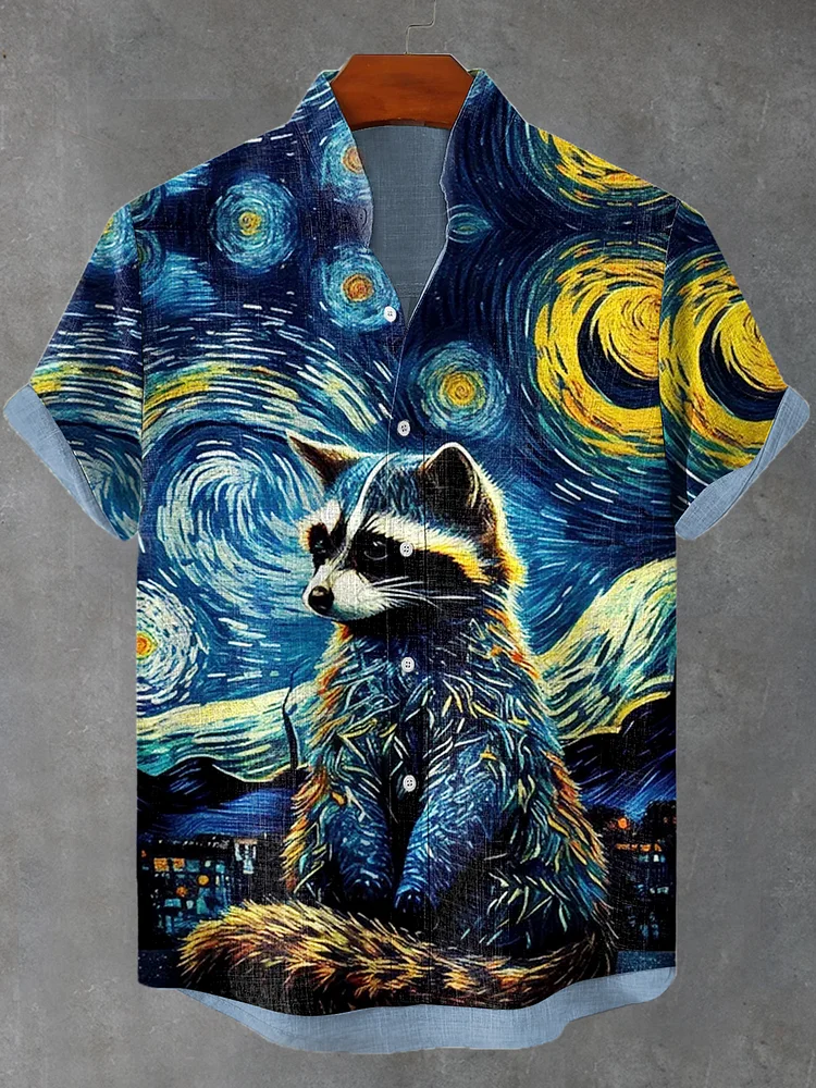 Men's Cute Raccoon Looking Up At The Starry Night Print Linen Blend Shirt