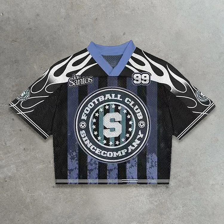 Vintage Global Flame  No.33 Graphics Blokecore Blokette Cotton Football V-neck Jersey T-shirt