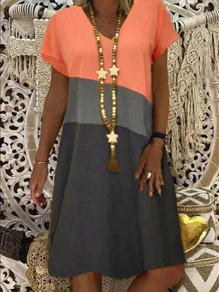 V Neck Colorblock Short Sleeve Shift Dress