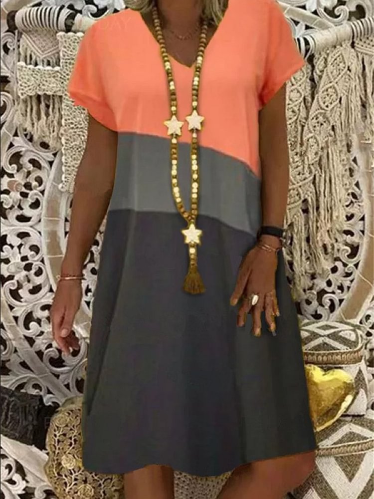 V Neck Colorblock Short Sleeve Shift Dress