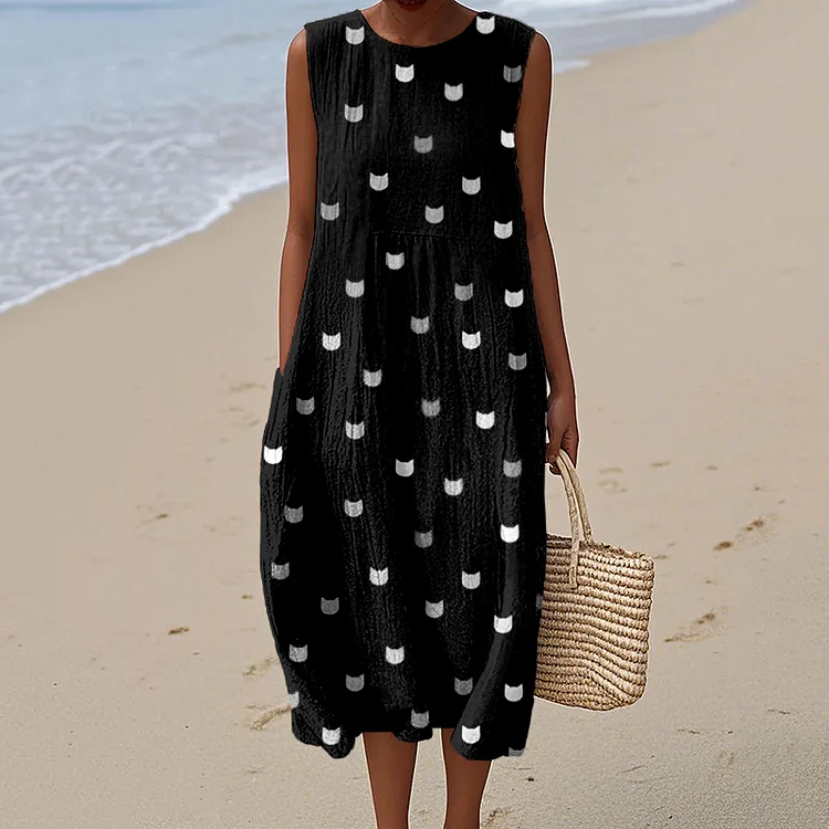 Cute Little Kitty Pattern Cozy Linen Tank Dress