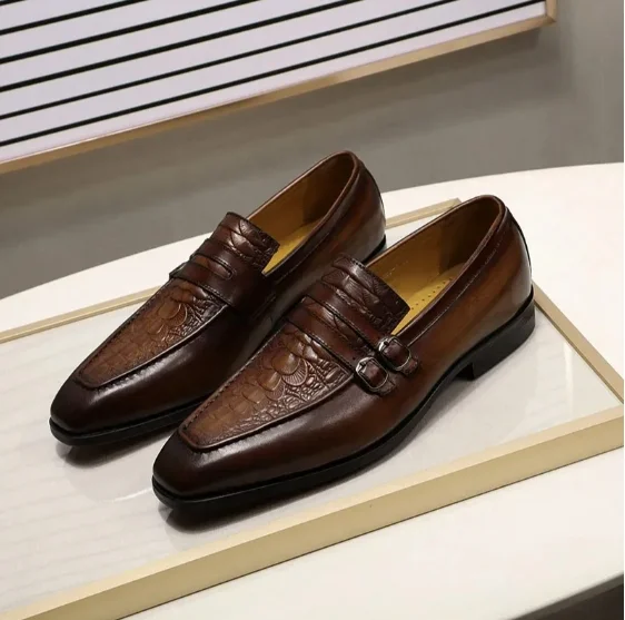 Casual Business Men's Dress Shoes Genuine Leather Crocodile Print Brown Party Wedding Mens Loafers With Double Buckles