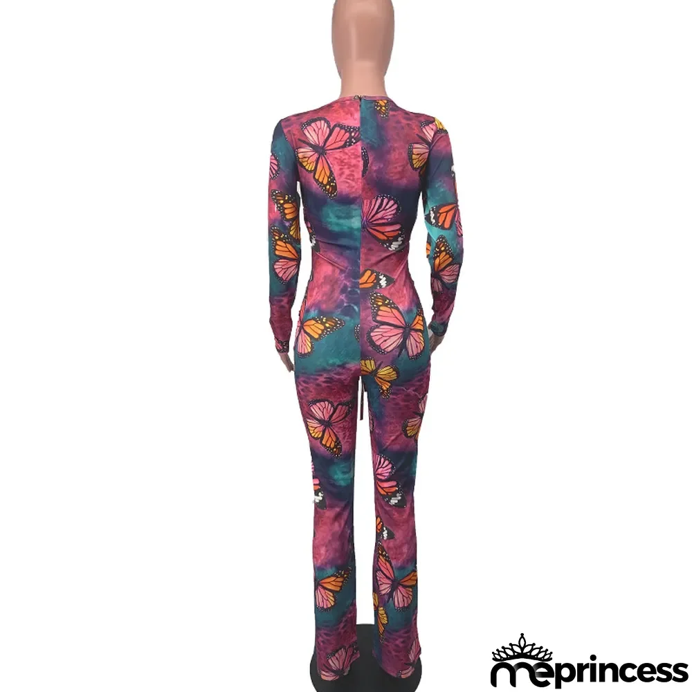 Women'S Sexy Lace-Up Butterfly Print Long Sleeve Jumpsuit