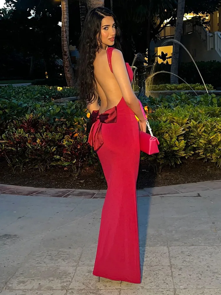 Gamezwind fall outfits women Sexy Backless Sleeveless Bow Slim Maxi Dress Women Chic Solid V Neck Strap Long Dresses Summer Elegant Lady Party Club Gowns
