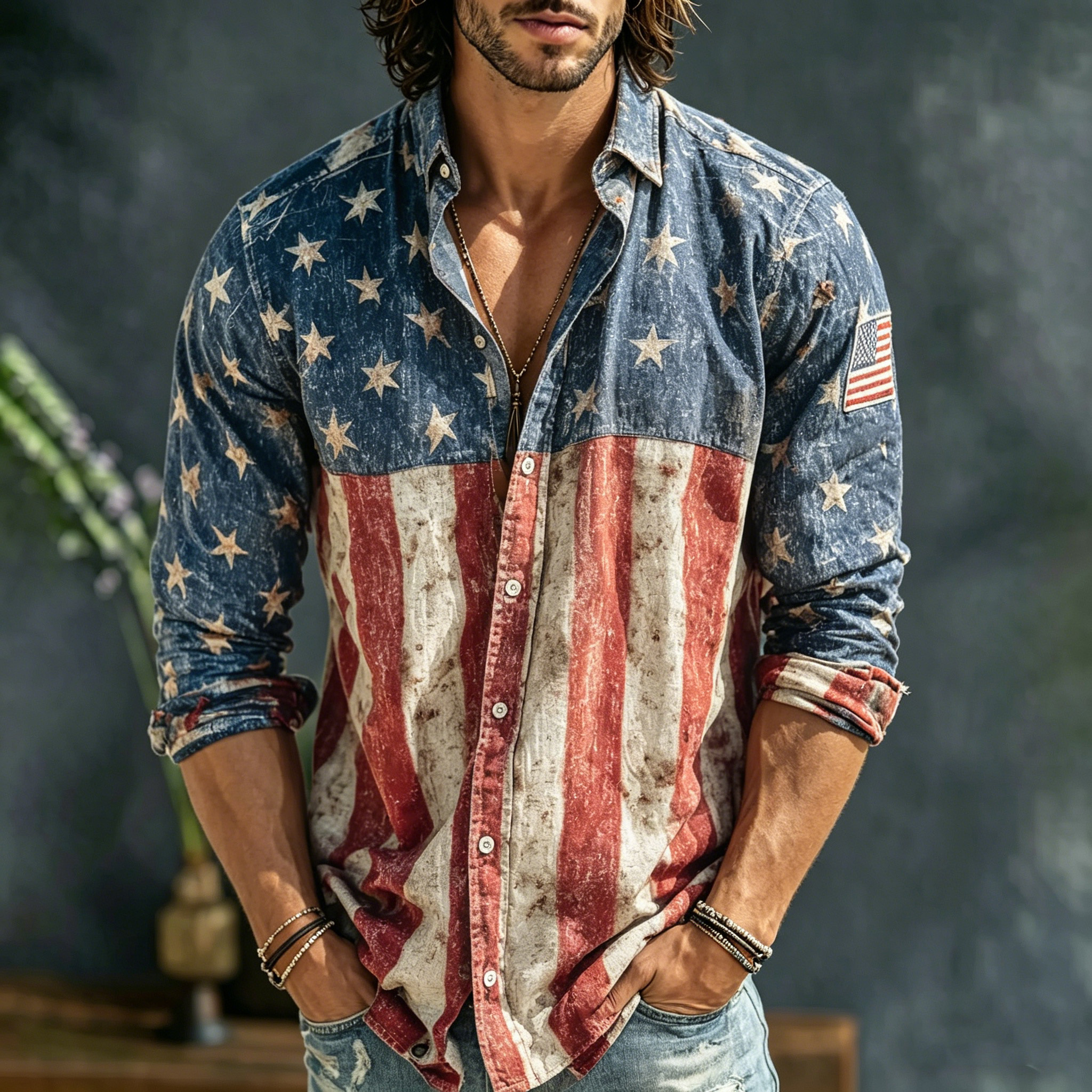  Men's Retro Flag Print Long Sleeve Casual Shirt Westsshops