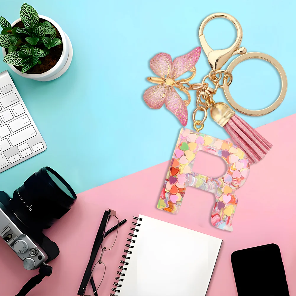 Resin Initial Letter Keychains Alphabet Letter Keychain Pink Tassel Butterfly Key Ring