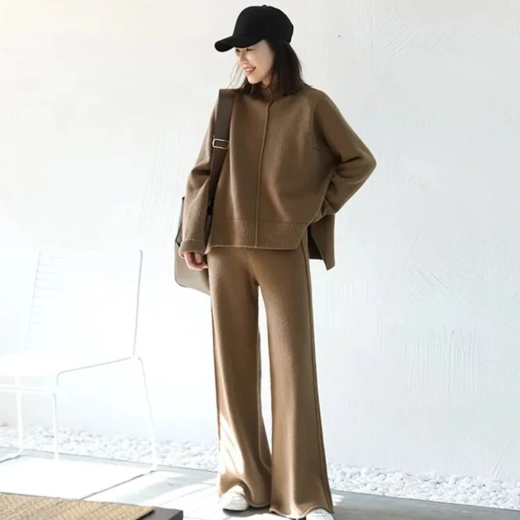 Graduation gift Women's Knitted Suit Two Piece Set Winter Outfit Solid Pullover Sweater Wide Leg Pants Fashion Casual Female Clothing