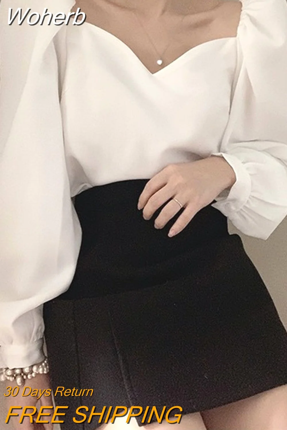 Woherb Puff Sleeve Loose White Sexy Blouses Women Square Collar Women's Shirt Casual Spring Ladies Office Shirts Solid Tops 13528