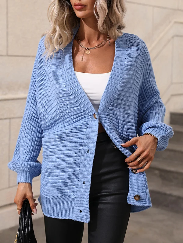 Casual Roomy Long Sleeves Pure Color V-Neck Cardigan Tops