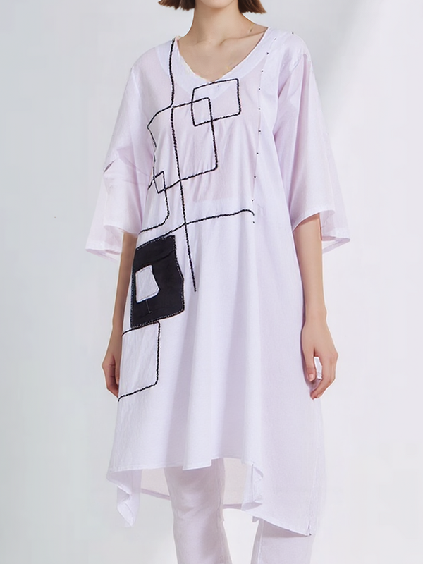 Geometric Print Half Sleeve Patch Pocket Irregular Hem Blouses