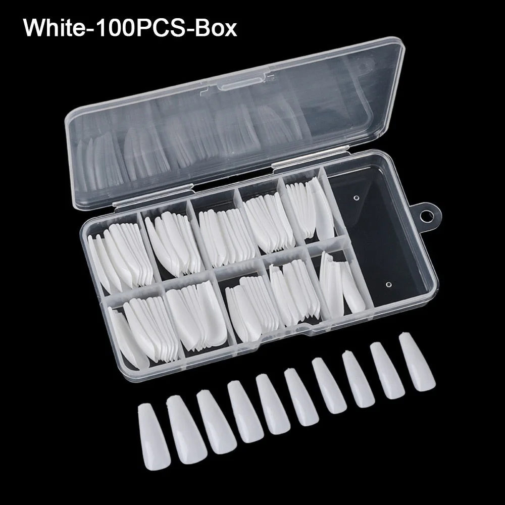 100pcs/box Full Cover Fake Nail Artificial Press on Long Ballerina Clear/Natural/white False Coffin Nails Art Tips Manicure Tool