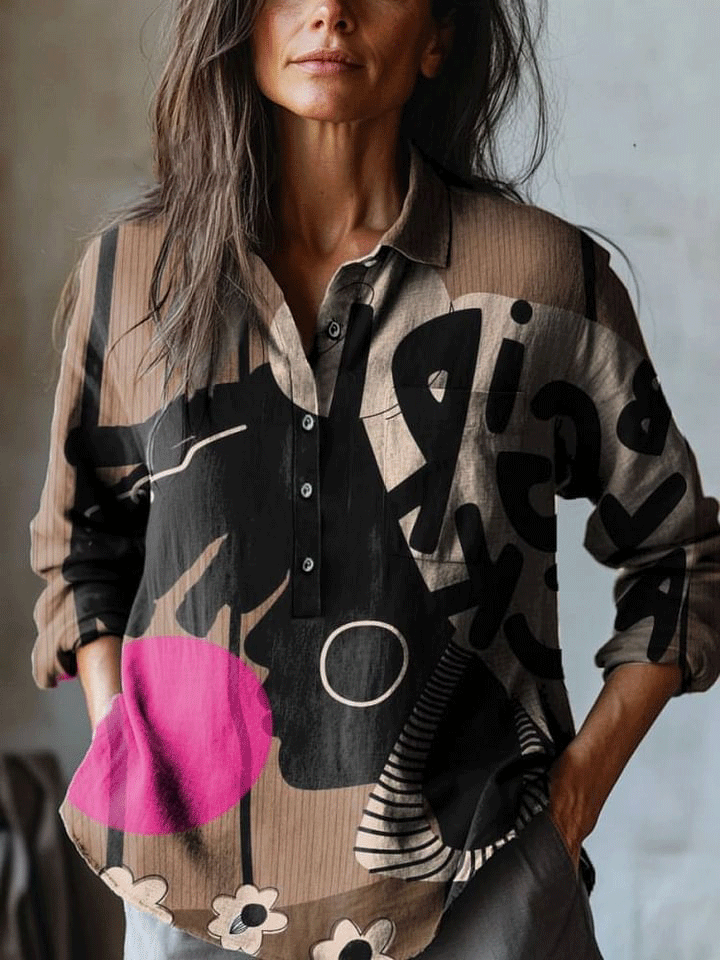 Women's Vintage Abstract Face Art Print Casual Cotton And Linen Shirt