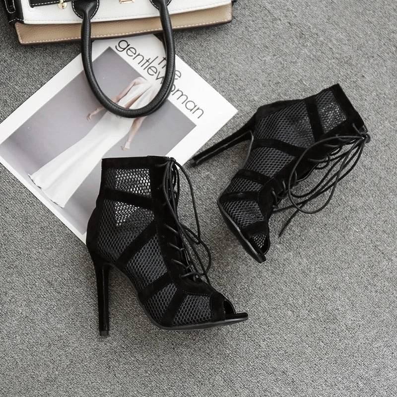 New Fashion Show Black Net Suede Fabric Cross Strap Sexy High Heel Sandals Woman Shoes Pumps Lace-up Peep Toe Sandals