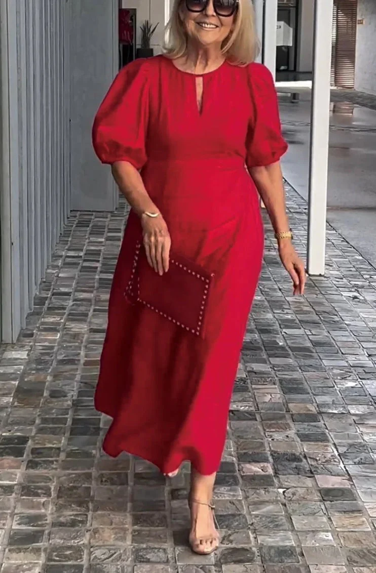 Style & Comfort for Mature Women Casual Puff Short Sleeves Solid Color Round Neck Maxi Dress