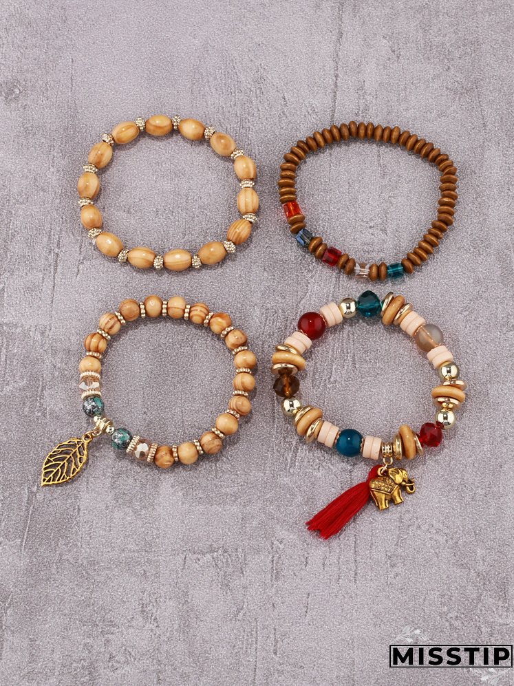 4pcs Leaf & Elephant Charm Beaded Bracelet