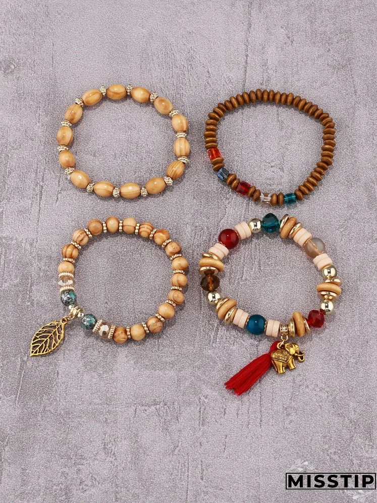 4pcs Leaf & Elephant Charm Beaded Bracelet