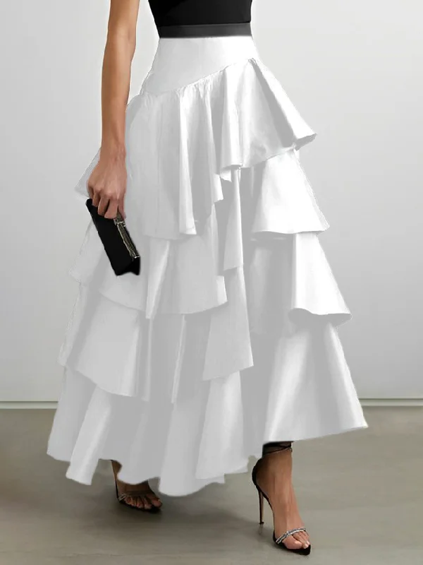 Stylish Selection A-Line High Waisted Falbala Solid Color Skirts Bottoms
