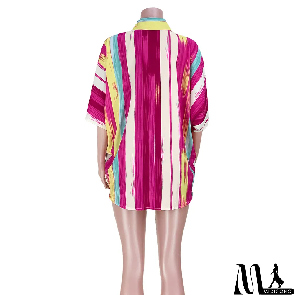 MidiSono - Women Sexy Short Front Back Long Casual Colorful Striped Loose Shirt